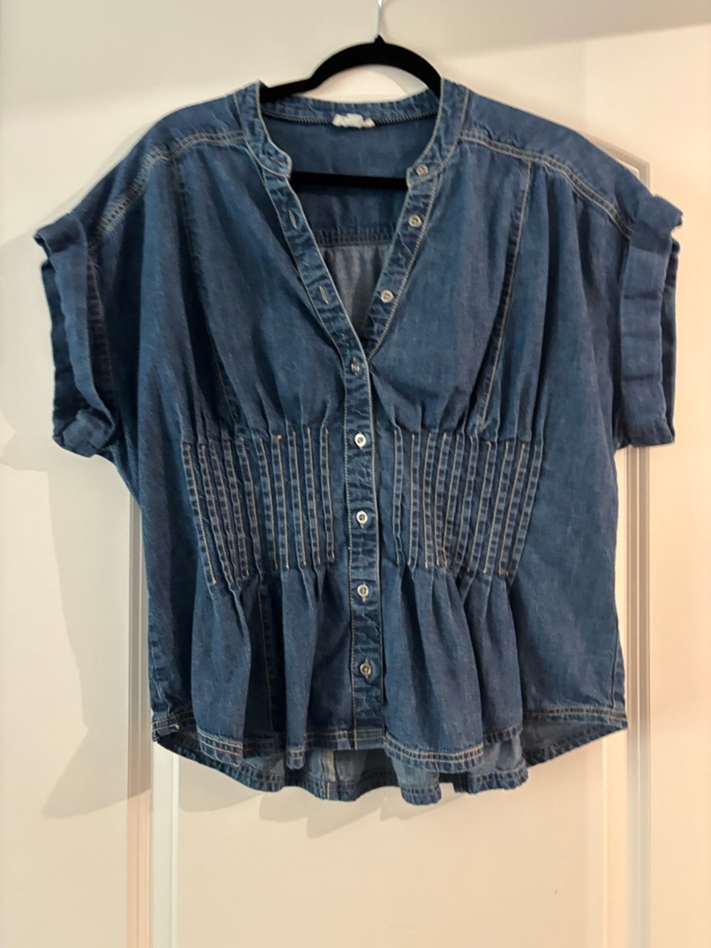 Pilcro Anthropologie The Linden Denim Pleated Waisted Indigo Denim Blouse
